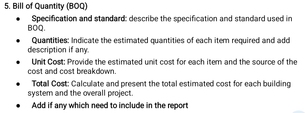Solved: Bill of Quantity (BOQ) Specification and standard: describe the ...