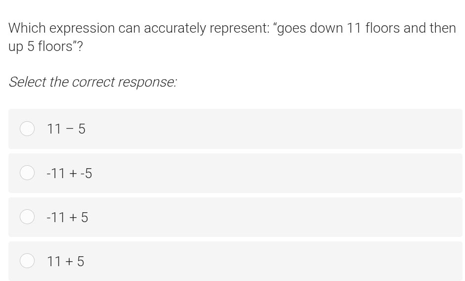 Which expression can accurately represent: “goes down 11 floors and then
up 5 floors”?
Select the correct response:
11-5
-11+-5
-11+5
11+5