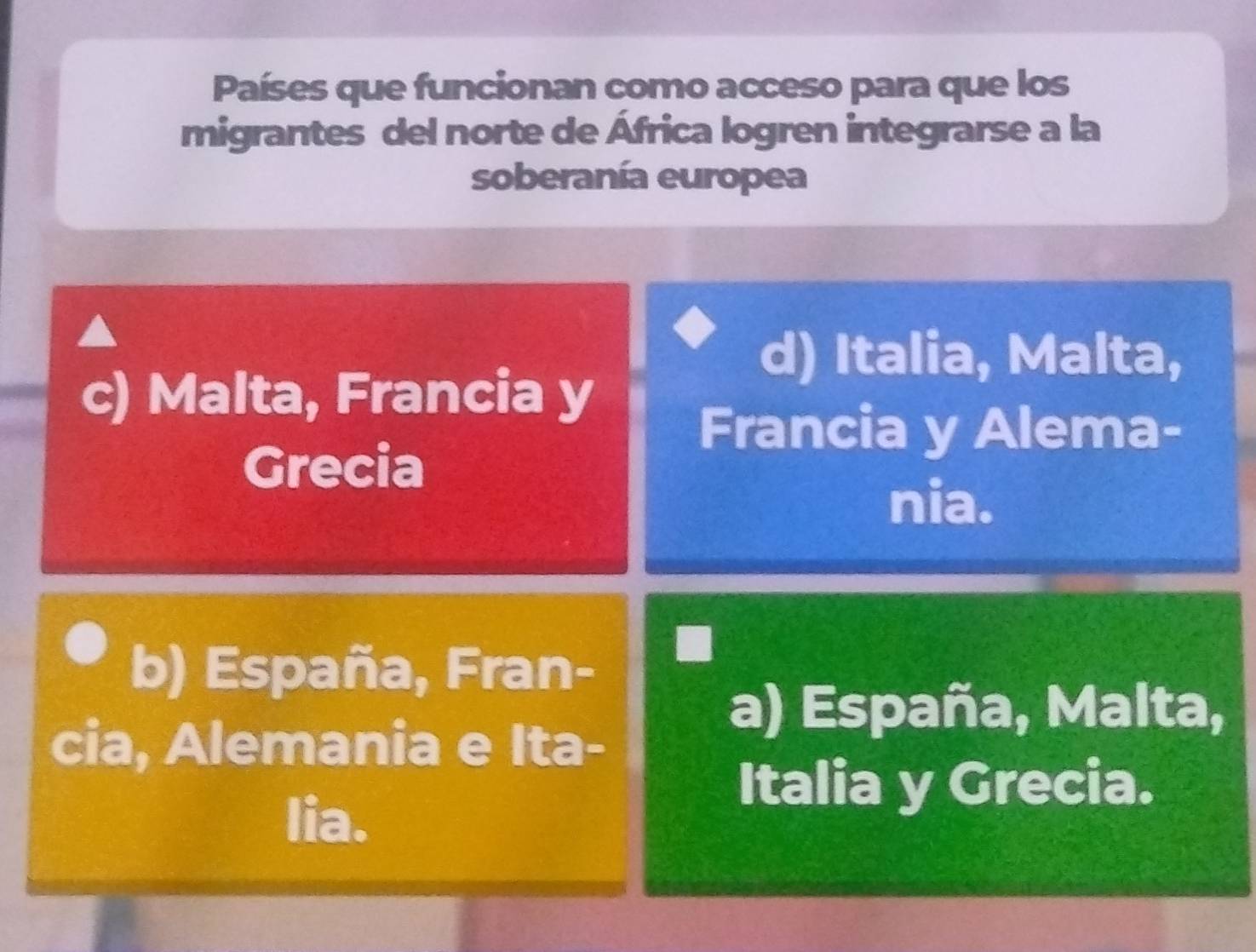 Países que funcionan como acceso para que los
migrantes del norte de África logren integrarse a la
soberanía europea
d) Italia, Malta,
c) Malta, Francia y
Francia y Alema-
Grecia
nia.
b) España, Fran-
a) España, Malta,
cia, Alemania e Ita-
lia.
Italia y Grecia.