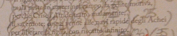 mala peste fo nascer nel campo, la gente moriva, 
perché Crise l'Atride tratro malamente, 
*Il sacerdote; costui venne alle navi rapide degli Achei 
per liberare la figlia, con riscatto infinito.