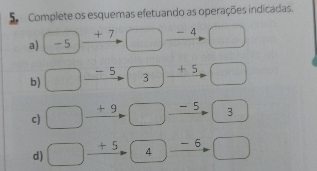 Complete os esquemas efetuando as operações indicadas.
+ 7 - 4
a) -5
- 5 + 5
b)
3
+ 9 - 5
c)
3
+ 5
- 6
d)
4