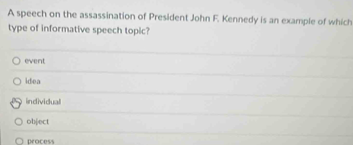 A speech on the assassination of President John F. Kennedy is an example of which
type of informative speech topic?
event
idea
individual
object
process