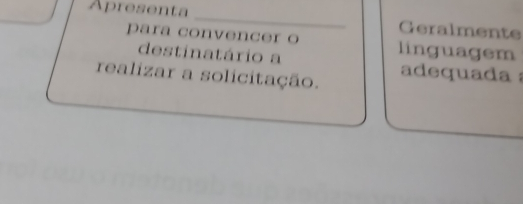 Apresenta _Geralmente 
para convencer o linguagem 
destinatário a 
adequada 
realizar a solicitação.