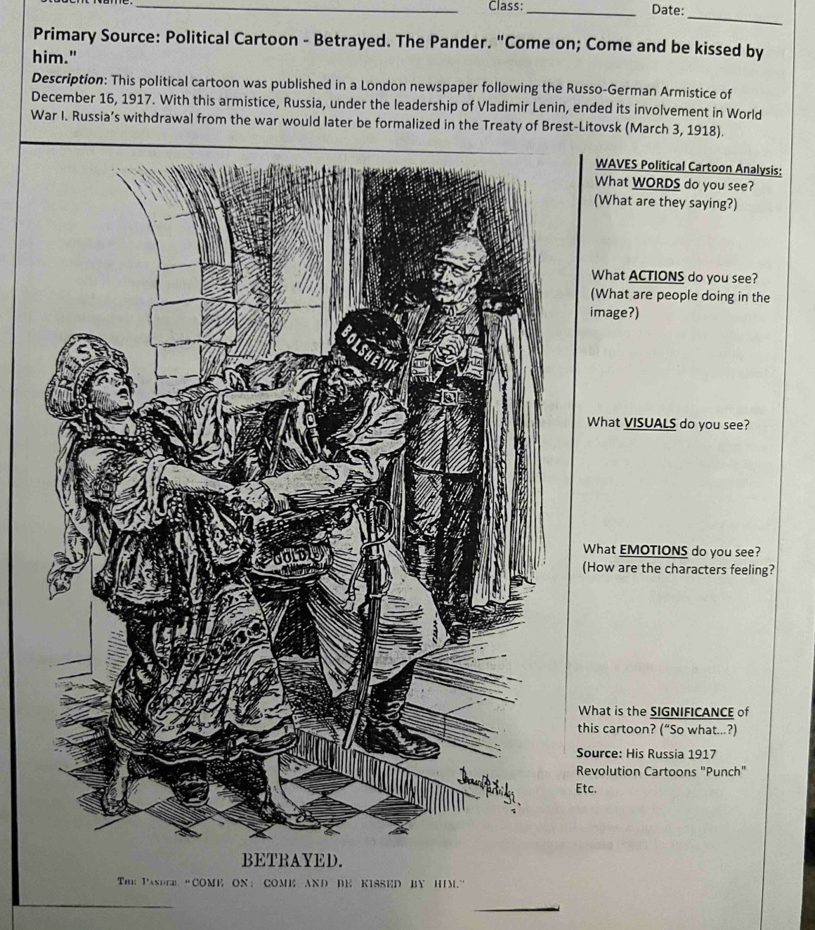 Solved: Class:_ Date: _ Primary Source: Political Cartoon - Betrayed. The  Pander. \, image size:1160x1323