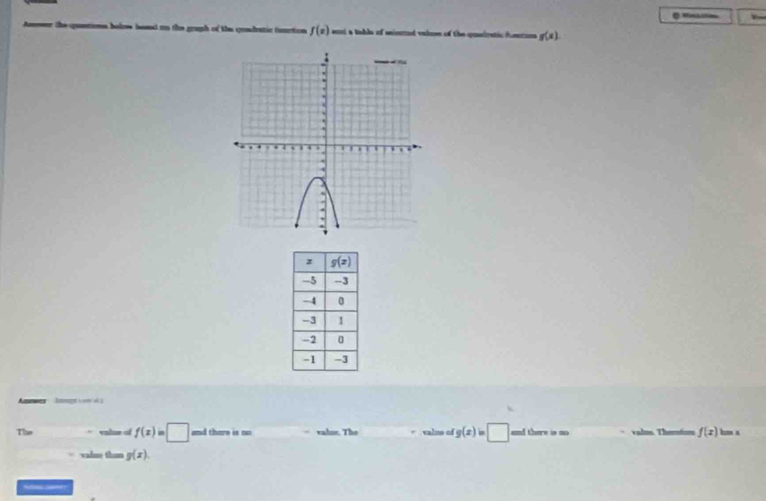 the hend on the graph of the cundratic funrtion f(x) and a tabls of smimeted valuse of the quiratic fumtion g(x)
Amegr ssm e 2
The value of f(x)=□ and there is no valus. The  valms of g(x)=□ and there is no valm. Therntiore f(x) hon a
valme tham g(x).