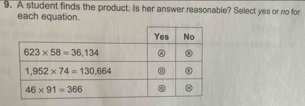 A student finds the product. Is her answer reasonable? Select yes or no for
each equation.