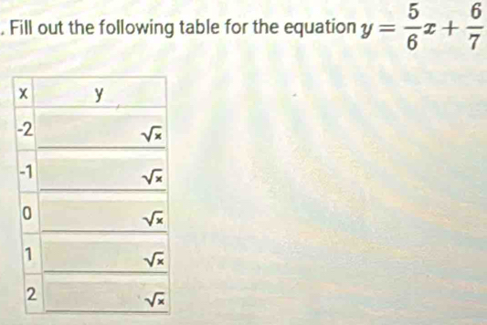 Fill out the following table for the equation y= 5/6 x+ 6/7 