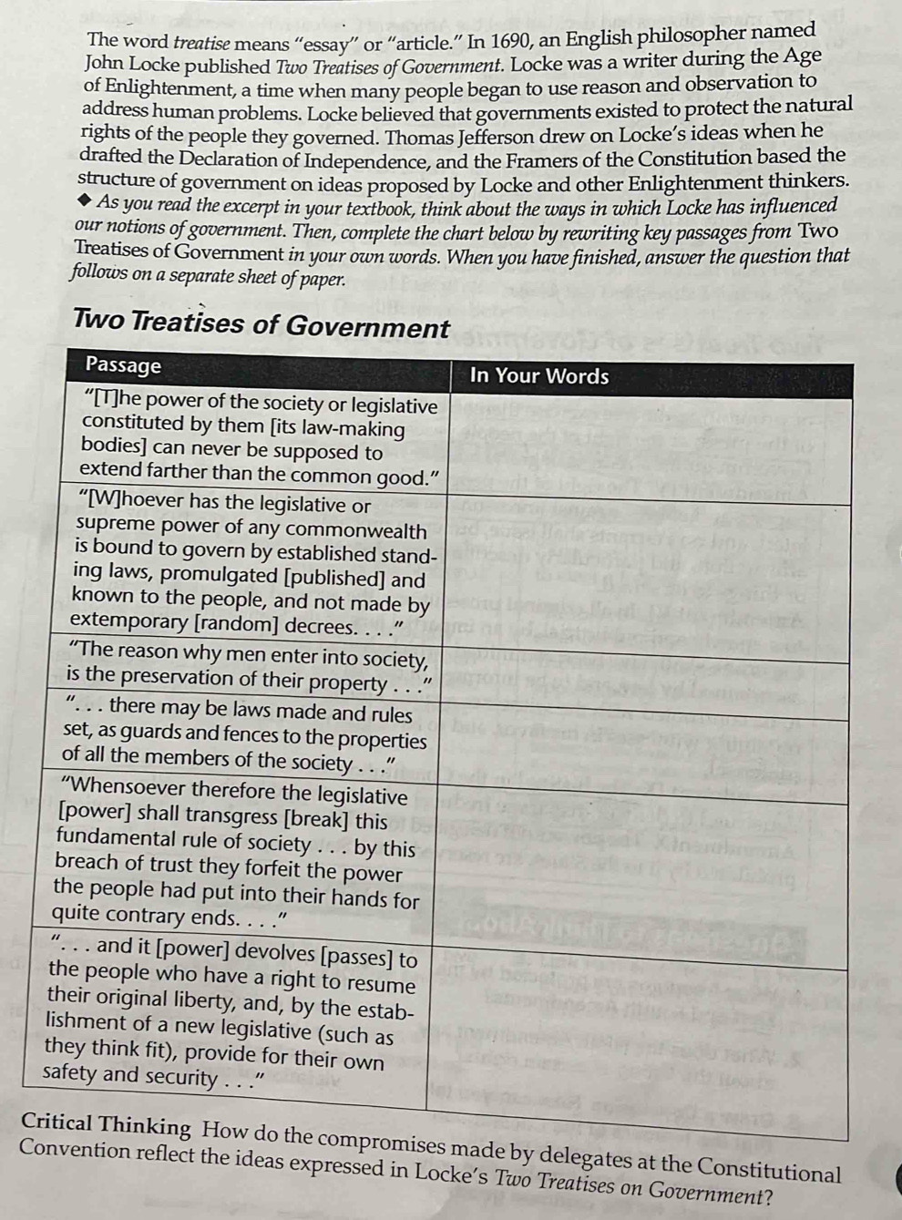 The word treatise means “essay” or “article.” In 1690, an English philosopher named 
John Locke published Two Treatises of Government. Locke was a writer during the Age 
of Enlightenment, a time when many people began to use reason and observation to 
address human problems. Locke believed that governments existed to protect the natural 
rights of the people they governed. Thomas Jefferson drew on Locke’s ideas when he 
drafted the Declaration of Independence, and the Framers of the Constitution based the 
structure of government on ideas proposed by Locke and other Enlightenment thinkers. 
As you read the excerpt in your textbook, think about the ways in which Locke has influenced 
our notions of government. Then, complete the chart below by rewriting key passages from Two 
Treatises of Government in your own words. When you have finished, answer the question that 
follows on a separate sheet of paper. 
Two Treatises of Gove 
Cre Constitutional 
Copressed in Locke’s Two Treatises on Government?