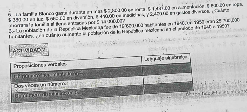 5.- La familia Blanco gasta durante un mes $ 2,800.00 en renta, $ 1,487.00 en alimentación, $ 800.00 en ropa,
$ 380.00 en luz, $ 560.00 en diversión, $ 440.00 en medicinas, y 2,400.00 en gastos diversos. ¿Cuánto
ahorrara la familia si tiene entradas por $ 14,000.00?
6.- La población de la República Mexicana fue de 19´600,000 habitantes en 1940, en 1950 eran 25´700,000
habitantes. ¿en cuánto aumento la población de la República mexicana en el periodo de 1940 a 1950?
AD 2