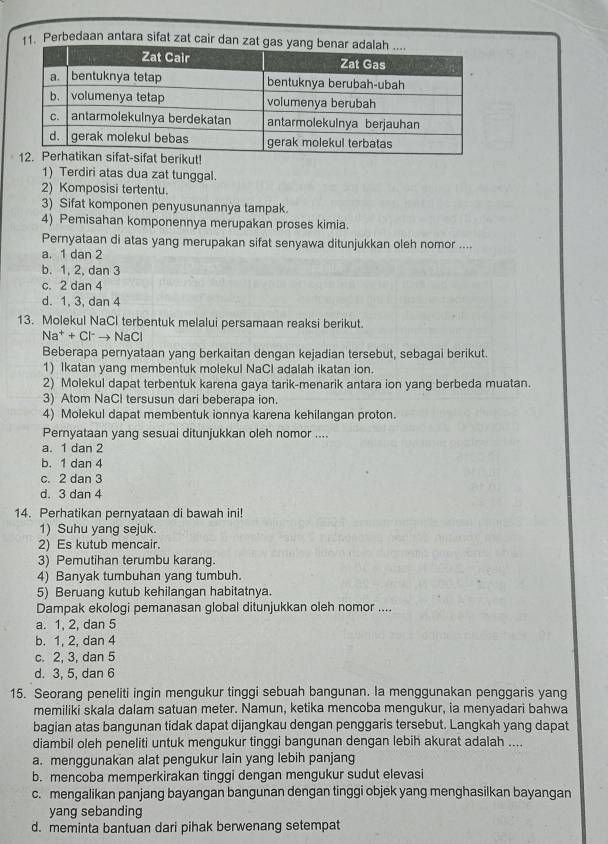 Perbedaan antara sifat zat cai
1) Terdiri atas dua zat tunggal.
2) Komposisi tertentu.
3) Sifat komponen penyusunannya tampak.
4) Pemisahan komponennya merupakan proses kimia.
Pernyataan di atas yang merupakan sifat senyawa ditunjukkan oleh nomor ....
a. 1 dan 2
b. 1, 2, dan 3
c. 2 dan 4
d. 1, 3, dan 4
13. Molekul NaCl terbentuk melalui persamaan reaksi berikut.
Na^++Cl^-to NaCl
Beberapa pernyataan yang berkaitan dengan kejadian tersebut, sebagai berikut.
1) Ikatan yang membentuk molekul NaCl adalah ikatan ion.
2) Molekul dapat terbentuk karena gaya tarik-menarik antara ion yang berbeda muatan.
3) Atom NaCl tersusun dari beberapa ion.
4) Molekul dapat membentuk ionnya karena kehilangan proton.
Pernyataan yang sesuai ditunjukkan oleh nomor ....
a. 1 dan 2
b. 1 dan 4
c. 2 dan 3
d. 3 dan 4
14. Perhatikan pernyataan di bawah ini!
1) Suhu yang sejuk.
2) Es kutub mencair.
3) Pemutihan terumbu karang.
4) Banyak tumbuhan yang tumbuh.
5) Beruang kutub kehilangan habitatnya.
Dampak ekologi pemanasan global ditunjukkan oleh nomor ....
a. 1, 2, dan 5
b. 1, 2, dan 4
c. 2, 3, dan 5
d. 3, 5, dan 6
15. Seorang peneliti ingin mengukur tinggi sebuah bangunan. Ia menggunakan penggaris yang
memiliki skala dalam satuan meter. Namun, ketika mencoba mengukur, ia menyadari bahwa
bagian atas bangunan tidak dapat dijangkau dengan penggaris tersebut. Langkah yang dapat
diambil oleh peneliti untuk mengukur tinggi bangunan dengan lebih akurat adalah ....
a. menggunakan alat pengukur lain yang lebih panjang
b. mencoba memperkirakan tinggi dengan mengukur sudut elevasi
c. mengalikan panjang bayangan bangunan dengan tinggi objek yang menghasilkan bayangan
yang sebanding
d. meminta bantuan dari pihak berwenang setempat