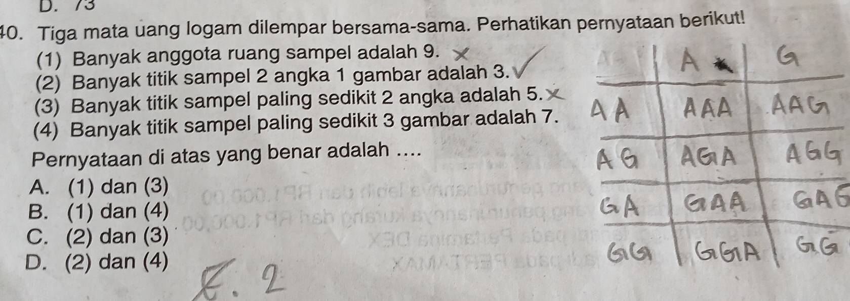 D. 73
40. Tiga mata uang logam dilempar bersama-sama. Perhatikan pernyataan berikut!
(1) Banyak anggota ruang sampel adalah 9.
(2) Banyak titik sampel 2 angka 1 gambar adalah 3.
(3) Banyak titik sampel paling sedikit 2 angka adalah 5.
(4) Banyak titik sampel paling sedikit 3 gambar adalah 7.
Pernyataan di atas yang benar adalah ....
A. (1) dan (3)
B. (1) dan (4)
C. (2) dan (3)
D. (2) dan (4)