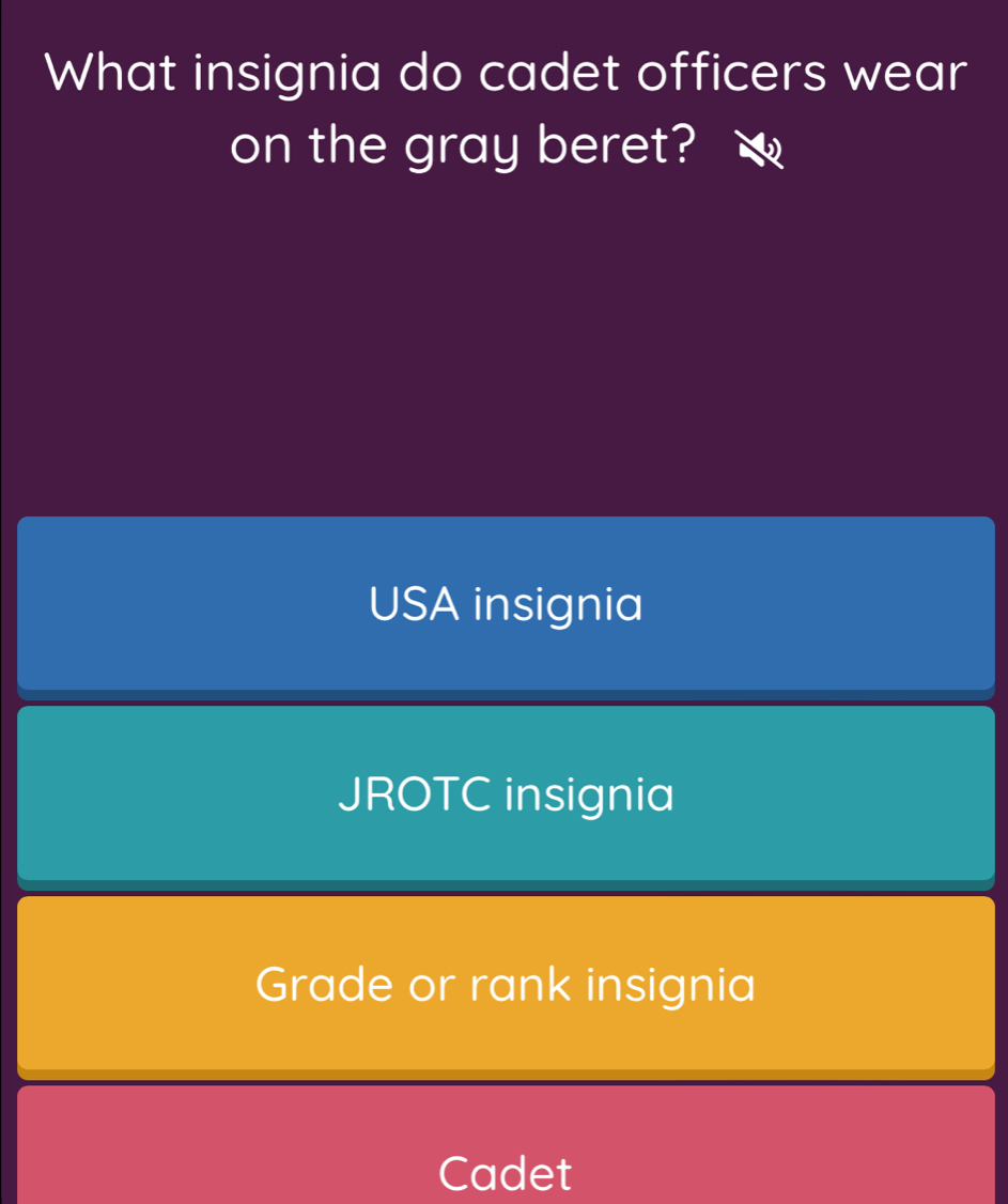 What insignia do cadet officers wear
on the gray beret?
USA insignia
JROTC insignia
Grade or rank insignia
Cadet