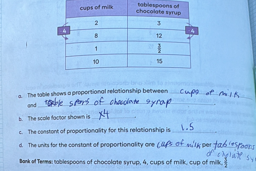 The table shows a proportional relationship between_
_
_
and
_
.
b. The scale factor shown is_ .
c. The constant of proportionality for this relationship is_
d. The units for the constant of proportionality are_
_
_
Bank of Terms: tablespoons of chocolate syrup, 4, cups of milk, cup of milk,  3/2 