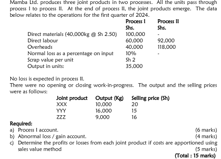 Mamba Ltd, produces three joint products in two processes. All the units pass through 
process I to process II. At the end of process II, the joint products emerge. The data 
below relates to the operations for the first quarter of 2024. 
Process I Process II 
Shs. Shs. 
Direct materials (40,000kg @ Sh 2.50) 100,000
Direct labour 60,000 92,000
Overheads 40,000 118,000
Normal loss as a percentage on input 10%
Scrap value per unit Sh 2 
Output in units: 35,000
No loss is expected in process II. 
There were no opening or closing work-in-progress. The output and the selling prices 
were as follows: 
Joint product Output (Kg) Selling price (Sh) 
XXX 10,000 20
YYY 16,000 15
zzz 9,000 16
Required: 
a) Process I account. (6 marks) 
b) Abnormal loss / gain account. (4 marks) 
c) Determine the profits or losses from each joint product if costs are apportioned using 
sales value method (5 marks) 
(Total : 15 marks)