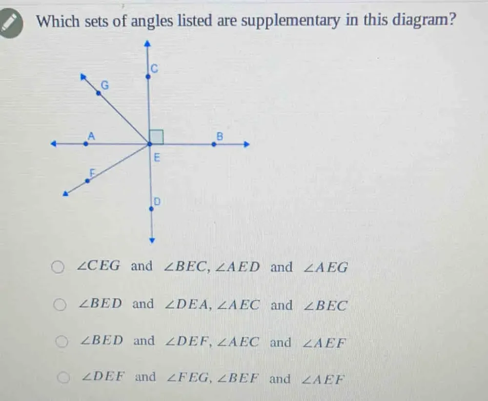 Solved: Which sets of angles listed are supplementary in this diagram ...