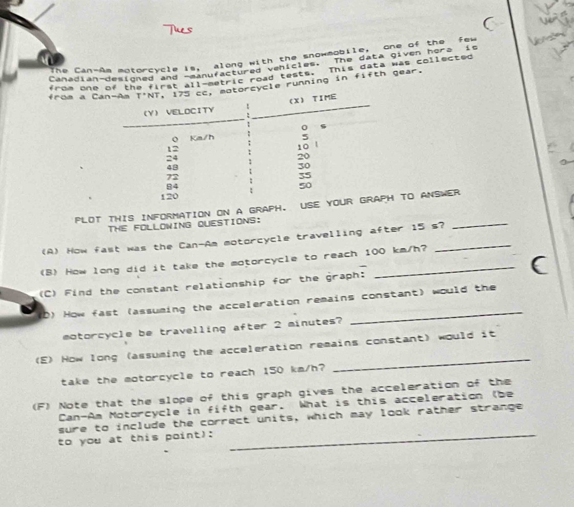 The Can-im motorcycle is, along with the snowmobile, one of the few 
Canadian-desioned and -manufactured vehicles. The data given here is 
fro m one of the first all-metric road tests. This data was collected 
from a Can-Am T*NT, 175 cc, motorcycle running in fifth gear. 
Y VELOCITY  (X) TIME
0 Km/h : s
12
10 1
24
48
72
35
84
50
120
PLOT THIS INFORMATION ON A GRAPH. USE YOUR GRAPH TO ANSWER 
THE FOLLOWING QUESTIONS: 
(A) How fast was the Can-Am motorcycle travelling after 15 s?_ 
_ 
(B) How long did it take the motorcycle to reach 100 km/h? 
(C) Find the constant relationship for the graph: 
D) How fast (assuming the acceleration remains constant) would the 
motorcycle be travelling after 2 minutes? 
(E) How long (assuming the acceleration remains constant) would it 
take the motorcycle to reach 150 km/h? 
_ 
(F) Note that the slope of this graph gives the acceleration of the 
Can-Am Motorcycle in fifth gear. What is this acceleration (be 
sure to include the correct units, which may look rather strange 
to you at this point):_