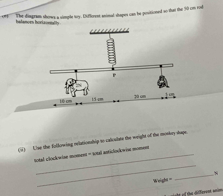 The diagram shows a simple toy. Different animal shapes can be positioned so that the 50 cm rod 
balances horizontally. 
(ii) Use the following relationship to calculate the weight of the monkey shape. 
total clockwise moment = total anticlockwise moment 
_ 
_. N 
Weight = 
night of the different anim