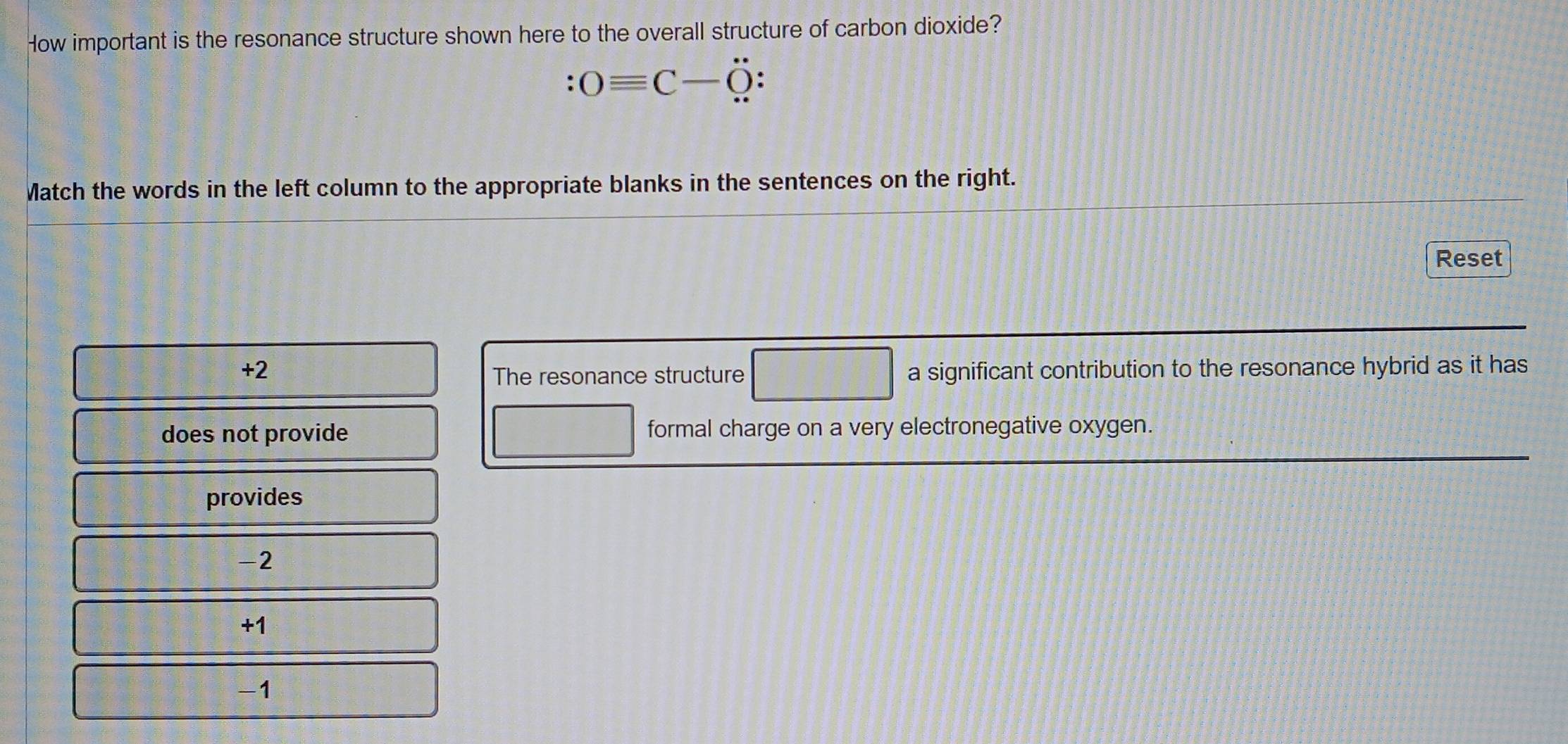 How important is the resonance structure shown here to the overall structure of carbon dioxide?
0equiv C-dot O.
Match the words in the left column to the appropriate blanks in the sentences on the right.
Reset
+2 a significant contribution to the resonance hybrid as it has
The resonance structure
does not provide formal charge on a very electronegative oxygen.
provides
-2
+1
-1