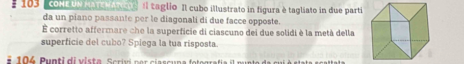 103 CONEU ar qaa Il taglio Il cubo illustrato in figura è tagliato in due parti 
da un piano passante per le diagonali di due facce opposte. 
É corretto affermare che la superficie di ciascuno dei due solidi è la metà della 
superficie del cubo? Spiega la tua risposta. 
106, Punti di vista, Scrivi por ciascupa felegrafia il punte da cui è stata scattata