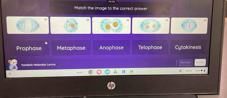 44/68
Match the image to the correct answer
::: :::=:;;; :::
Prophase Metaphase Anaphase Telophase Cytokinesis
Yamileth Melendez Lerma Reiniciar Envior
Desk 1 Feb12