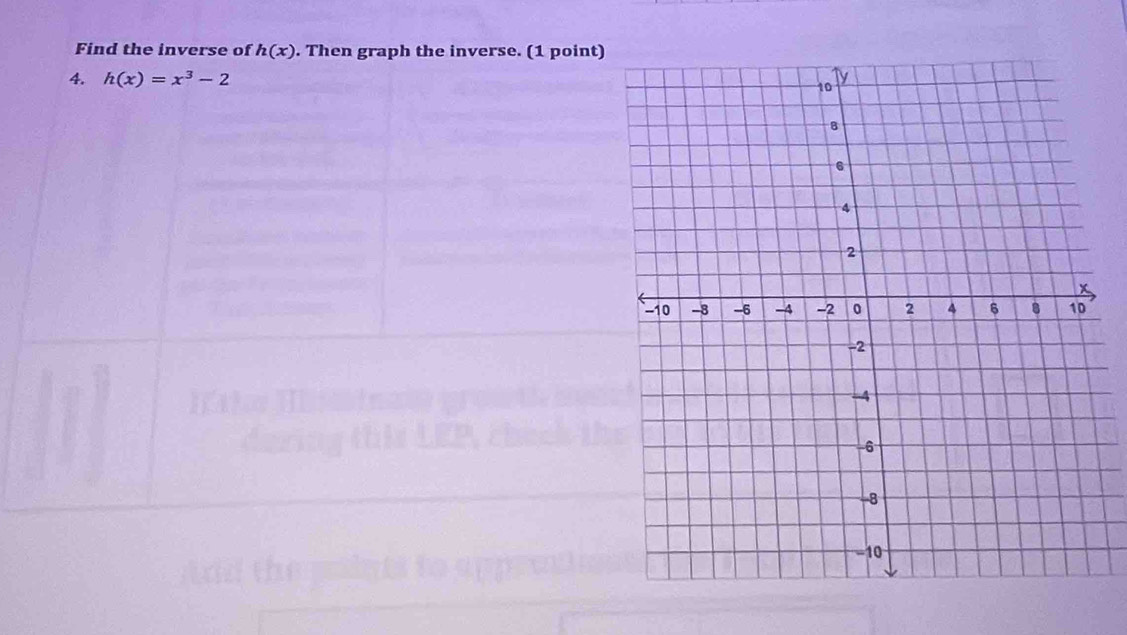 Find the inverse of h(x). Then graph the inverse. (1 point) 
4. h(x)=x^3-2