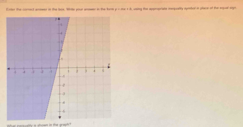 Enter the correct answer in the box. Write your answer in the form y=mx+b , using the appropriate inequalty symbol in place of the equal sign. 
What insquality is shown in the graph?