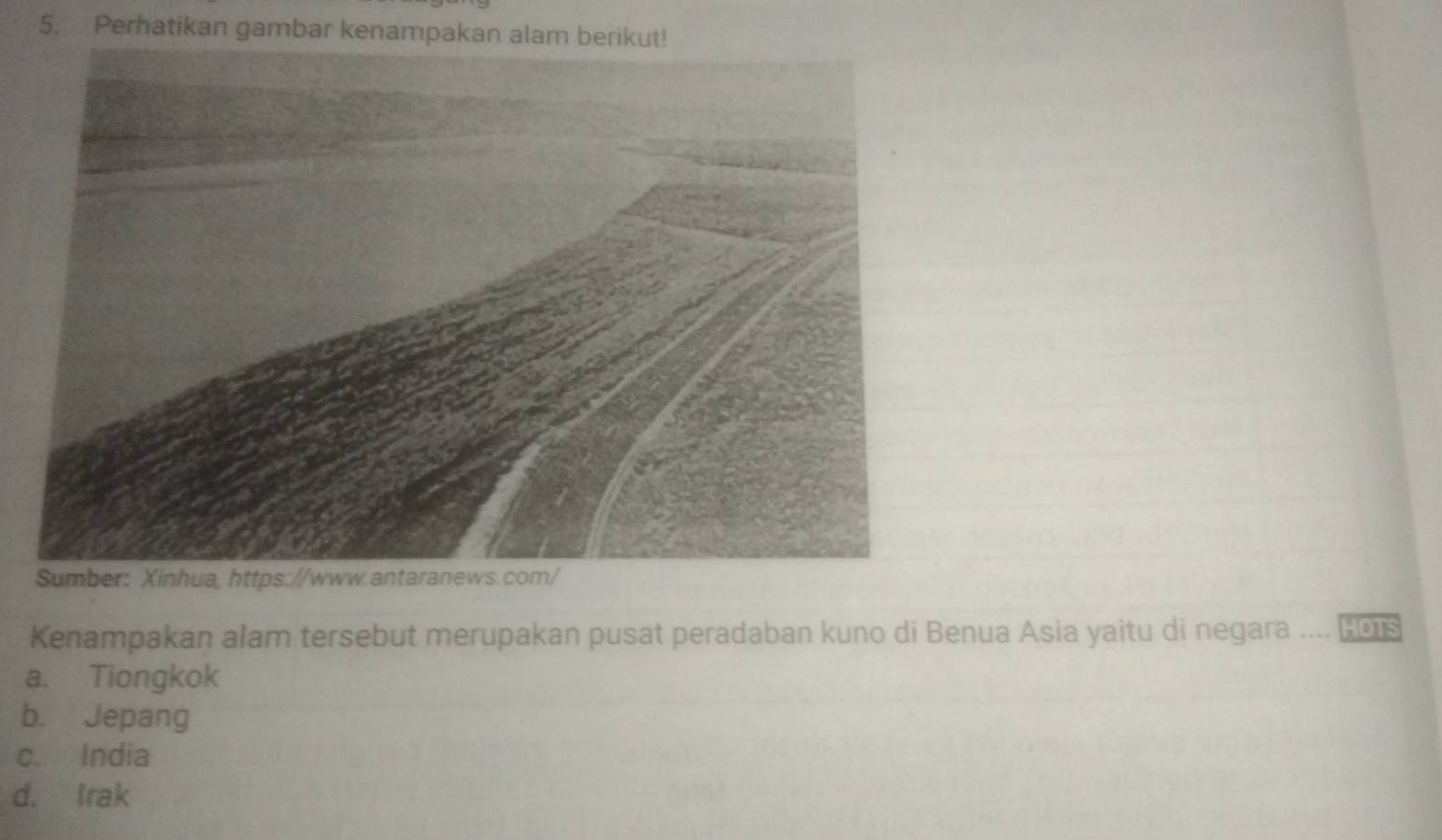 Perhatikan gambar kenampakan alam berikut!
Kenampakan alam tersebut merupakan pusat peradaban kuno di Benua Asia yaitu di negara . . HOTS
a. Tiongkok
b. Jepang
c. India
d. Irak