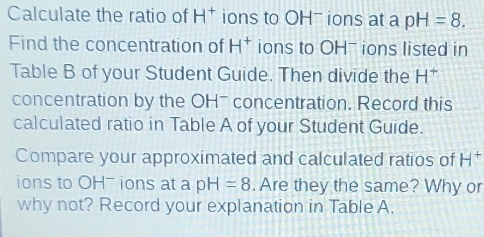 Calculate the ratio of H^+ ions to OH¯ ions at a pH=8. 
Find the concentration of H^+ ions to OHˉ ions listed in 
Table B of your Student Guide. Then divide the H^+
concentration by the OHˉ concentration. Record this 
calculated ratio in Table A of your Student Guide. 
Compare your approximated and calculated ratios of H^+
ions to OH- ions at a pH=8. Are they the same? Why or 
why not? Record your explanation in Table A.