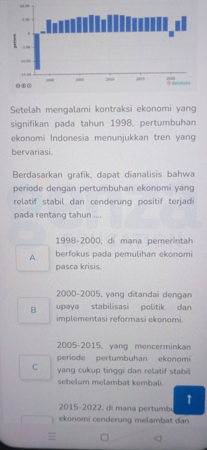 Setelah mengalami kontraksi ekonomi yang
signifikan pada tahun 1998, pertumbuhan
ekonomi Indonesia menunjukkan tren yang
bervariasi.
Berdasarkan grafik, dapat dianalisis bahwa
periode dengan pertumbuhan ekonomi yang
relatif stabil dan cenderung positif terjadi
pada rentang tahun ....
1998-2000, di mana pemerintah
A berfokus pada pemulihan ekonomi
pasca krisis.
2000-2005, yang ditandai dengan
B upaya stabilisasi politik dan
implementasi reformasi ekonomi.
2005-2015, yang mencerminkan
periode pertumbuhan ekonomi
C yang cukup tinggi dan relatif stabil
sebelum melambat kembali.
↑
2015-2022, di mana pertumbu
ekonomi cenderung melambat dan