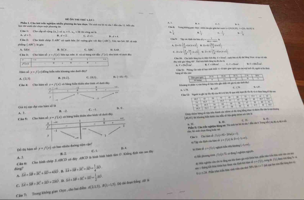 Đề Ôn thi thứ làn 1 A. 3 .
Phần I Câu hỏi trấc nghiệm nhiều phương án lựa chọn. Thi sinh trà lới từ câu 1 đến câu 12. Mỗi câu B. 4 C. s
hói thí sinh chí chọn một phương ăn Câu #: Trong không gian Osys . côsin của gốc giữa hai vecto α =(10;10;20). v=(1/9, − 20, 101  
Câu 1: Cho cấp số cộng (n,) cot u_1=5.u_12=38 shì cōng sai là
 1/6 . - 1/2  C. - 1/2 , D. - 1/6 
A. d=3. B. d=2 C. d=1. D. d=4. Câu 9: Tập xác định của hàm số by= 1/sin x-cos x 
Câu 2: Cho hình chóp S.ABC có cạnh bên S4 vuông gòc với đây (ABC). Góc tạo bởi SB và mặt
phầng (ABC) là góc ~ D=R| π /4 +kπ |k∈ Z| D=R  kπ /4 |k∈ Z
A. SBA B. SC4 C. SBC D. S48
C. D=R  π /4 + kπ /2 |k∈ Z D. D=R| π /4 +k2π (A∈ Z)
Câu 3: Cho hám số y=f(x) liên tục trên  và có bàng xét dẫu f'(x)
Câu 10: Cho khổi lăng trụ có diện tícu đày cm², canh bên có độ đài bằng 10 cm và tạo với mặt
đây một góc bàng 60° . Thể tích khổi lăng trụ đã cho là
V=50sqrt(3)cm^3 " V=100cm^2 C. V=% cm^2 D. F=100sqrt(3)cm^2
Hãm số y=f(x) đồng biển trên khoáng nào dưới đây?  Câu 11: Phóng vẫn một số học sinh khổi 11 về thờn gian (giờ) ngữ của nột buổi số, người sa thu được
bàng
A. (2;3) 4 (0,2). C. (0,1). D. (-10,-5).
Khoàng từ phần vị của báng số liệu trê
Câu 4: Cho hàm số y=f(x) có bảng biển thiên như hình về dưới đây.
 (-2)/0 .
B. L87 C. 1,79 D. LM
A. 1,78 .
)
,
1 Cc độ của 40 ô tố khi đi qua một trạm đo tốc độ và có được tóng số tựu sau
Giả trị cực đại của hàm số là
A. 3. B. ~2. C.-1 D. 0 .
Ghép nhóm báng số liệu trên thành các nhóm có 
Câu 5 hình về dưới đây,
(40,45)
1 thi khoảng biển thiên của mẫu số tiệu ghép nhóm nói trên là
D. 45
A. 30 B. 40 .
e 33
cầu, thí sinh chọn đùng hoặc si Phần 11. Cầu trắc nghiệm đùng sai. Thi sinh tra lới từ câu 1 đễn câu 4. Trong vỗi ý x), 9), c), đị ở nôi
Câu 1: Cho hàm số f(x)=92-20ln (x+1).
C. 1. D. 4. #) Tập xác định của hàm sở y=f(x)isD=(-1;+x).
Đồ thị hàm số y=f(x) có bao nhiêu đường tiệm 
B. 2.
Câu 6: Cho hình chóp S.ABCD có đây ABCD là hình bình hành tâm O. Khẳng định não sau đây 6) Hàm số y=f(x) nghịch biểu trên khoảng (-1,+n).
A. 3.
e) Bắt phương trình f(x)≥ 72 có đùng 3 nghiệm nguyên.
đ) Một nghiên cứu chú ra rằng sau khả tham gia một khóa học, phần têm tiển tức sih vên sto mô
đùng?
sau 1 tháng kết thúu khôa bọc đuợc xác định bội hàm số y=f(t) , tng đ f9) T đan ct bàng à
A. overline SA+overline SB+overline SC+overline SD=4overline SO. B. vector SA+vector SB+vector SC+vector SD= 1/4 vector SO.
t=?
0 ≤ r ≤ 24 Gất ngoàa Van trin đm bng đanm viy
Câu 7: Trong không gian Oxyz , cho hai điễm A(2;1;3),B(1;-1;5) *  Phần trầm kiến thác sinh viên củn nhứ 501 khu
C Soverline A+Soverline B+Soverline C+Soverline D=250. D. Soverline A+Soverline B+Soverline C+Soverline D= 1/2 Soverline O. 1. Độ đài đoạn thắng AB là