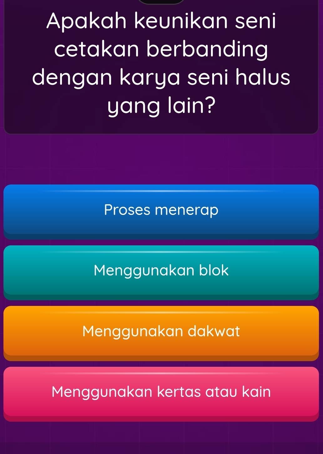 Apakah keunikan seni
cetakan berbanding
dengan karya seni halus
yang lain?
Proses menerap
Menggunakan blok
Menggunakan dakwat
Menggunakan kertas atau kain