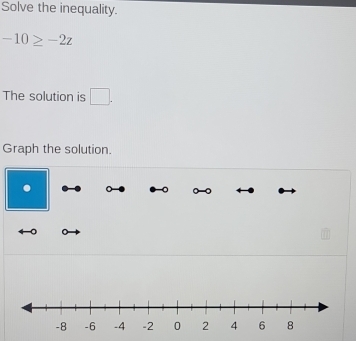 Solve the inequality.
-10≥ -2z
The solution is □. 
Graph the solution. 
.