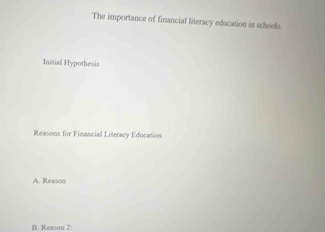 The importance of financial literacy education in schools.
Initial Hypothesis
Reasons for Financial Literacy Education
A. Reason
B. Reason 2: