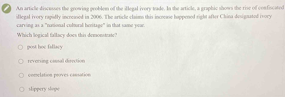 An article discusses the growing problem of the illegal ivory trade. In the article, a graphic shows the rise of confiscated
illegal ivory rapidly increased in 2006. The article claims this increase happened right after China designated ivory
carving as a "national cultural heritage" in that same year.
Which logical fallacy does this demonstrate?
post hoc fallacy
reversing causal direction
correlation proves causation
slippery slope