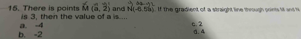 There is points M(a,2) and N(-6.5a). If the gradient of a straight line through points M and N
is 3, then the value of a is....
a. -4 c. 2
b. -2
d. 4