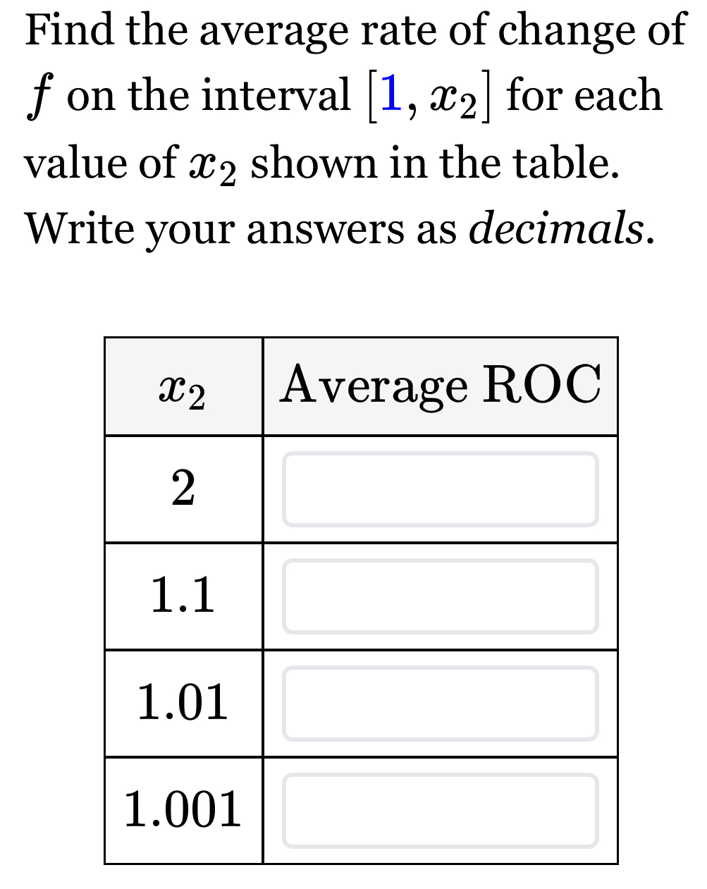 Find the average rate of change of
fon the interval [1,x_2] for each
value of x_2 shown in the table.
Write your answers as decimals.