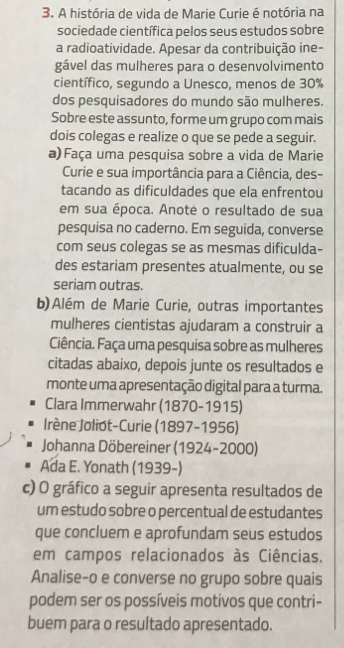 A história de vida de Marie Curie é notória na 
sociedade científica pelos seus estudos sobre 
a radioatividade. Apesar da contribuição ine- 
gável das mulheres para o desenvolvimento 
científico, segundo a Unesco, menos de 30%
dos pesquisadores do mundo são mulheres. 
Sobre este assunto, forme um grupo com mais 
dois colegas e realize o que se pede a seguir. 
a) Faça uma pesquisa sobre a vida de Marie 
Curie e sua importância para a Ciência, des- 
tacando as dificuldades que ela enfrentou 
em sua época. Anoté o resultado de sua 
pesquisa no caderno. Em seguida, converse 
com seus colegas se as mesmas dificulda- 
des estariam presentes atualmente, ou se 
seriam outras. 
b)Além de Marie Curie, outras importantes 
mulheres cientistas ajudaram a construir a 
Ciência. Faça uma pesquisa sobre as mulheres 
citadas abaixo, depois junte os resultados e 
monte uma apresentação digital para a turma. 
Clara Immerwahr (1870-1915) 
Irène Joliot-Curie (1897-1956) 
Johanna Döbereiner (1924-2000) 
Ada E. Yonath (1939-) 
c) O gráfico a seguir apresenta resultados de 
um estudo sobre o percentual de estudantes 
que concluem e aprofundam seus estudos 
em campos relacionados às Ciências. 
Analise-o e converse no grupo sobre quais 
podem ser os possíveis motivos que contri- 
buem para o resultado apresentado.