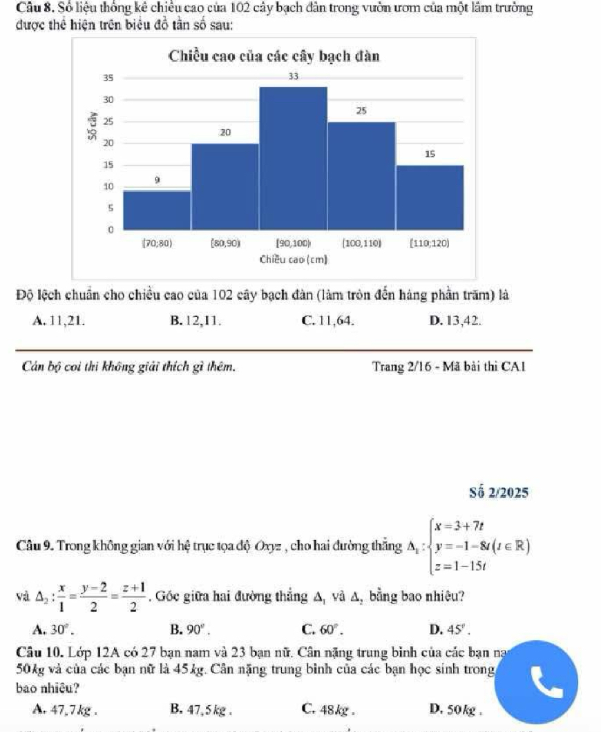 Số liệu thống kê chiều cao của 102 cây bạch dân trong vườn ươm của một lầm trưởng
được thể hiện trên biểu đổ tần số sau:
Độ lệch chuẩn cho chiều cao của 102 cây bạch đàn (làm tròn đến hàng phần trăm) là
A. 11,21. B. 12,11. C. 11,64. D. 13,42.
Cán bộ coi thi không giải thích gì thêm. Trang 2/16 - Mã bài thì CA1
Số 2/2025
Câu 9. Trong không gian với hệ trục tọa độ Oxyz , cho hai đường thăng △ _x:beginarrayl x=3+7t y=-1-8t(t∈ R) z=1-15tendarray.
và △ _2: x/1 = (y-2)/2 = (z+1)/2 . Góc giữa hai đường thẳng A, và Δ, bằng bao nhiêu?
A. 30°. B. 90°. C. 60°. D. 45°.
Câu 10. Lớp 12A có 27 bạn nam và 23 bạn nữ. Cân nặng trung binh của các bạn na
50kg và của các bạn nữ là 45kg. Cân nặng trung bình của các bạn học sính trong
bao nhiêu?
A. 47,7kg . B. 47,5 kg . C. 48kg . D. 50kg .