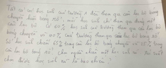 Tat ca' cad hoc sunil and thuldng A dei Mham guā can Rac bā bong 
chugen hoāi bong zó, mói hoc smil chi tham ga dung not 
cai Rac 6ó. Co 60 % hoc sm and tuàng tham gua cán Rai bò 
bong chagen vè u0 % cuà tuiòng thamgua cale lac bò bong 20^(-7). 
so' hoc soik chiem' 658 thāng cai lac bé bong chagen và 25% tnag 
cai lae 6ó bong noverline o ?Chan ngainRren mot hoc smí ni. yai suāt 
chan dudc hoc sinl ni Rābāonhici?