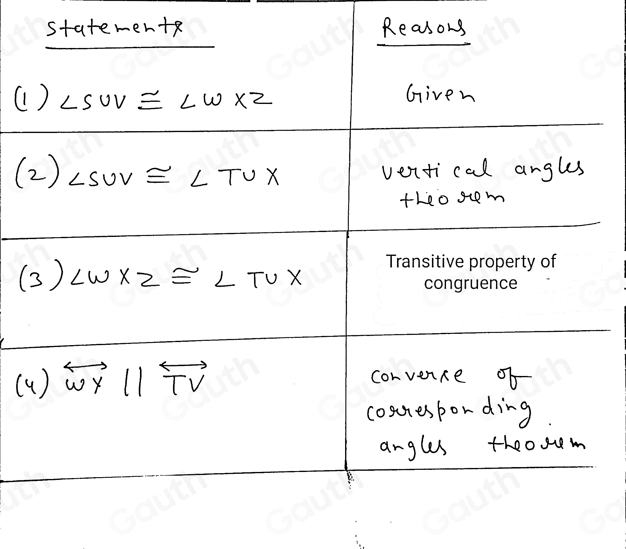 Solved: ∠ SUV≌ ∠ WXZ. Complete the proof that overleftrightarrow ...