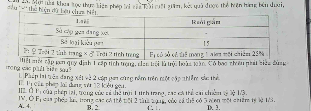 Một nhà khoa học thực hiện phép lai của loài ruồi giấm, kết quả được thể hiện bảng bên dưới,
đấu *-' thể hiện dữ liệ
gen quy định 1 cặp tính trạng, alen trội là trội hoàn toàn. Có bao nhiêu phát biểu đúng
trong các phát biểu sau?
I. Phép lai trên đang xét về 2 cặp gen cùng nằm trên một cặp nhiễm sắc thể.
II. F_1 của phép lai đang xét 12 kiểu gen.
III. dot O F_1 của phép lai, trong các cá thể trội 1 tính trạng, các cá thể cái chiếm tỷ lệ 1/3.
IV. sigma F_1 của phép lai, trong các cá thể trội 2 tính trạng, các cá thể có 3 alen trội chiếm tỷ lệ 1/3.
A. 4. B. 2. C. 1. D. 3.