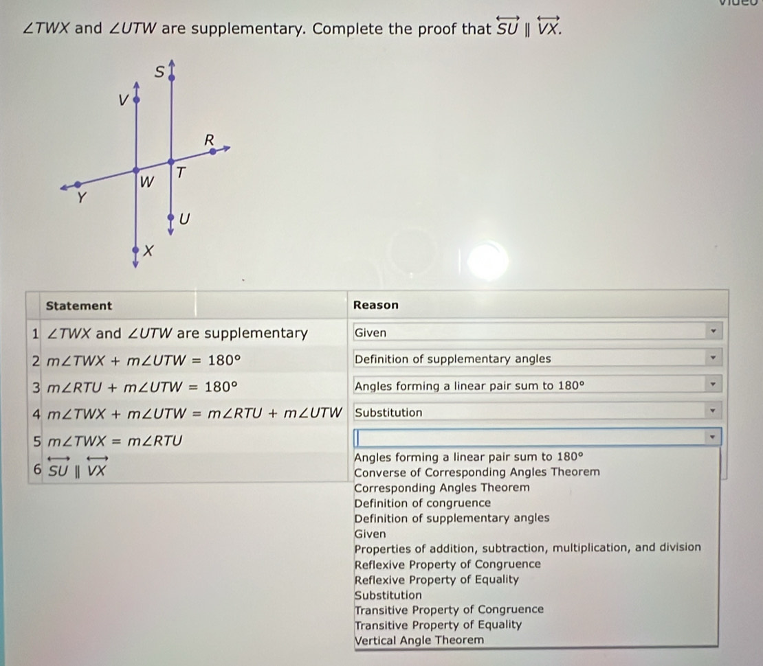 ∠ TWX and ∠ UTW are supplementary. Complete the proof that overleftrightarrow SU||overleftrightarrow VX. 
Statement Reason
1 ∠ TWX and ∠ UTW are supplementary Given
2 m∠ TWX+m∠ UTW=180° Definition of supplementary angles
3m∠ RTU+m∠ UTW=180° Angles forming a linear pair sum to 180°
4 m∠ TWX+m∠ UTW=m∠ RTU+m∠ UTW Substitution
5 m∠ TWX=m∠ RTU
6overleftrightarrow SU||overleftrightarrow VX
Angles forming a linear pair sum to 180°
Converse of Corresponding Angles Theorem
Corresponding Angles Theorem
Definition of congruence
Definition of supplementary angles
Given
Properties of addition, subtraction, multiplication, and division
Reflexive Property of Congruence
Reflexive Property of Equality
Substitution
Transitive Property of Congruence
Transitive Property of Equality
Vertical Angle Theorem