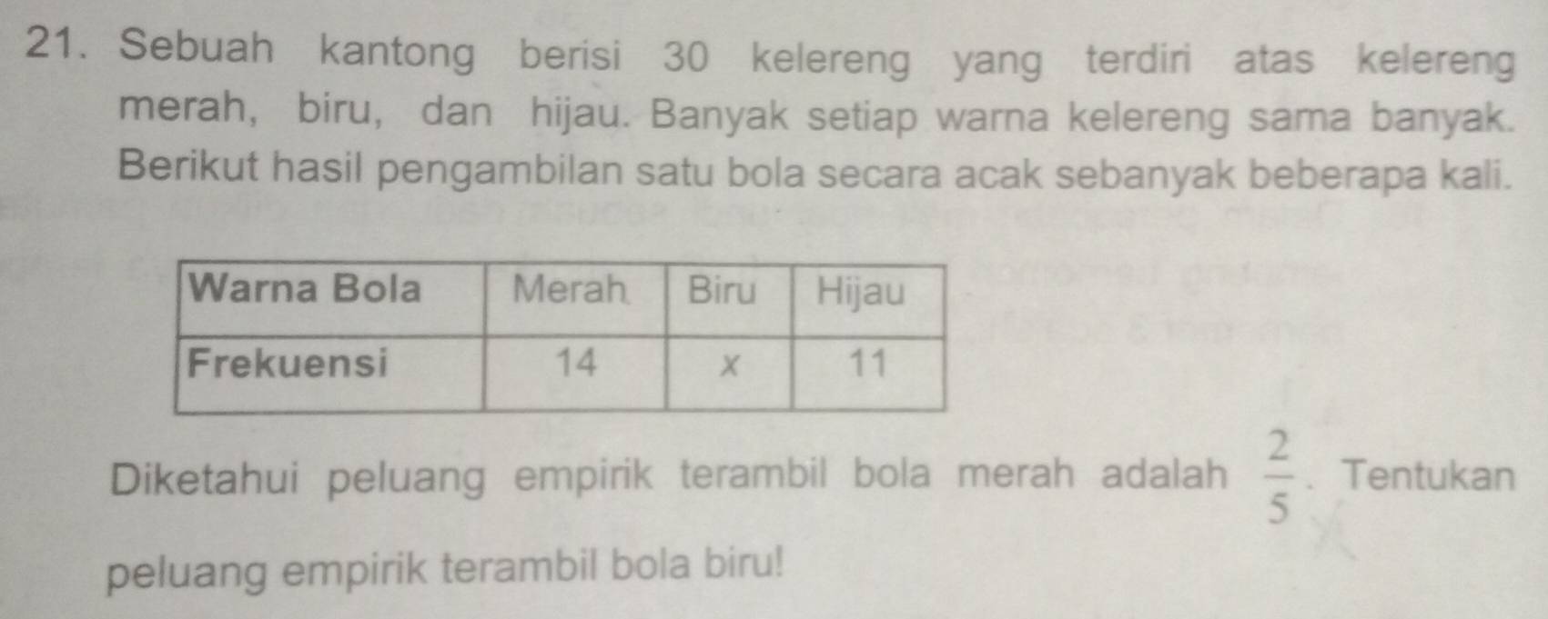 Sebuah kantong berisi 30 kelereng yang terdiri atas kelereng 
merah, biru, dan hijau. Banyak setiap warna kelereng sama banyak. 
Berikut hasil pengambilan satu bola secara acak sebanyak beberapa kali. 
Diketahui peluang empirik terambil bola merah adalah  2/5 . Tentukan 
peluang empirik terambil bola biru!