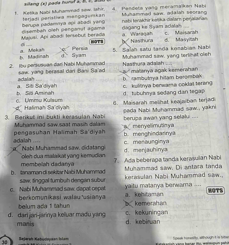 silang (x) pada huruf a, b, c, alau
1. Ketika Nabi Muhammad saw. lahir, 4. Pendeta yang meramalkan Nabi
terjadi peristiwa mengagumkan Muhammad saw. adalah seorang
berupa padamnya api abadi yang nabi terakhir ketika dalam perjalanan
disembah oleh penganut agama dagang ke Syam adalah ....
Majusi. Api abadi tersebut berada a. Waraqah c. Maisarah
di .... HOTS b Nasthura d. Masyitah
a. Mekah. Persia 5. Salah satu tanda kenabian Nabi
b. Madinah d. Syam
Muhammad saw. yang terlihat oleh
2. Ibu persusuan dari Nabi Muhammad Nasthura adalah ....
saw. yang berasal dari Bani Sa'ad a.matanya agak kemerahan
adalah ....
b. rambutnya hitam berombak
a. Siti Sa'diyah c. kulitnya berwarna coklat terang
b. Siti Aminah d. tubuhnya sedang dan tegap
c. Ummu Kulsum
d Halimah Sa'diyah 6. Maisarah melihat keajaiban terjadi
pada Nabi Muhammad saw., yakni
3. Berikut ini bukti kerasulan Nabi berupa awan yang selalu ....
Muhammad saw.saat masih dalam a menyelimutinya
pengasuhan Halimah Sa'diyah b. menghindarinya
adalah ....
c. menaunginya
a. Nabi Muhammad saw. didatangi d. menjauhinya
Toleh dua malaikat yang kemudian
membelah dadanya 7. Ada beberapa tanda kerasulan Nabi
b. tanaman di sekitar Nabi Muhammad Muhammad saw. Di antara tanda
saw. tinggal tumbuh dengan subur kerasulan Nabi Muhammad saw.,
c. Nabi Muhammad saw. dapat cepat yaitu matanya berwarna ....
HOTS
berkomunikasi walau usianya a. kehitaman
belum ada 1 tahun b.kemerahan
d. dari jari-jarinya keluar madu yang c. kekuningan
manis d. kebiruan
Sejarah Kebudayaan Islam
30 Speak honesly, although it is bitter
Katakanlah vạng benar itu. walauoun pähit