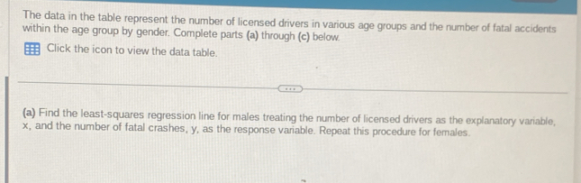 The data in the table represent the number of licensed drivers in various age groups and the number of fatal accidents 
within the age group by gender. Complete parts (a) through (c) below. 
Click the icon to view the data table. 
(a) Find the least-squares regression line for males treating the number of licensed drivers as the explanatory variable,
x, and the number of fatal crashes, y, as the response variable. Repeat this procedure for females.