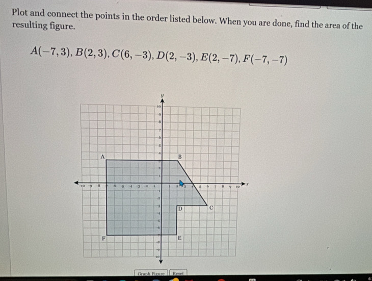 Plot and connect the points in the order listed below. When you are done, find the area of the 
resulting figure.
A(-7,3), B(2,3), C(6,-3), D(2,-3), E(2,-7), F(-7,-7)