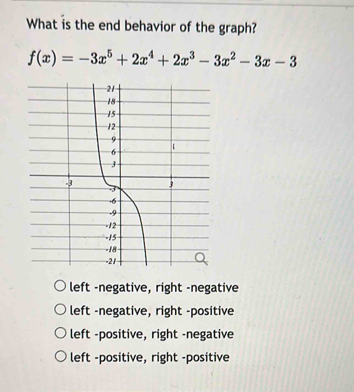 What is the end behavior of the graph?
f(x)=-3x^5+2x^4+2x^3-3x^2-3x-3
left -negative, right -negative
left -negative, right -positive
left -positive, right -negative
left -positive, right -positive