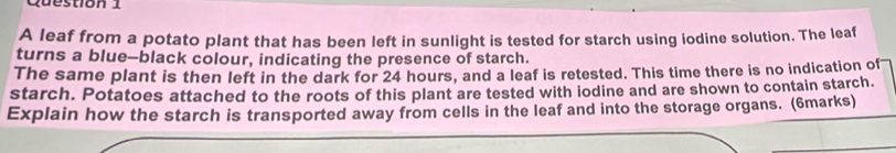 A leaf from a potato plant that has been left in sunlight is tested for starch using iodine solution. The leaf 
turns a blue--black colour, indicating the presence of starch. 
The same plant is then left in the dark for 24 hours, and a leaf is retested. This time there is no indication of 
starch. Potatoes attached to the roots of this plant are tested with iodine and are shown to contain starch. 
Explain how the starch is transported away from cells in the leaf and into the storage organs. (6marks)