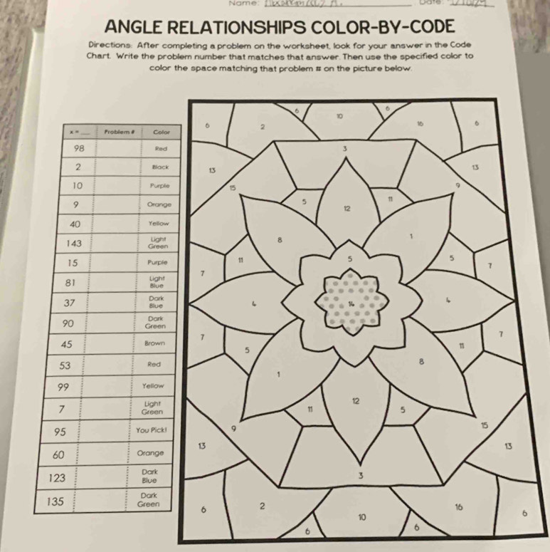 Name: _Date _
ANGLE RELATIONSHIPS COLOR-BY-CODE
Directions: After completing a problem on the worksheet, look for your answer in the Code
Chart. Write the problem number that matches that answer. Then use the specified color to
color the space matching that problem # on the picture below.
6
6
6