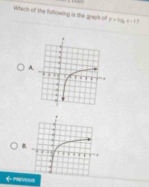 Exam 
Which of the following is the graph of y=log _3x-1 ? 
A. 
B. 
PREVIOUS